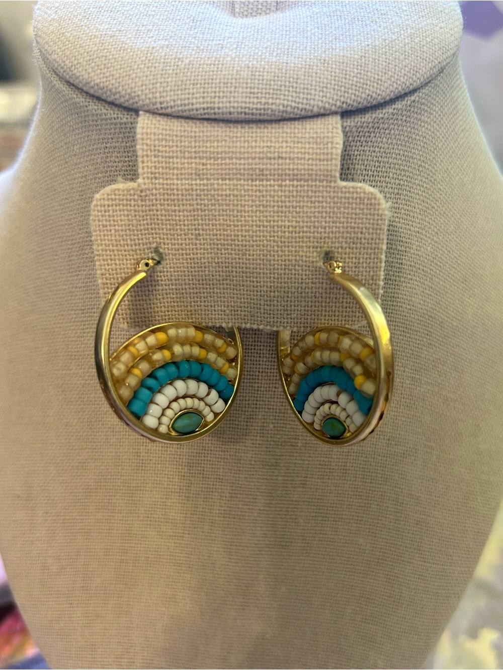 Gold Hoop Earrings with Turquoise, White and Yellow Bead Inlay